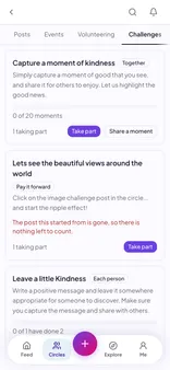 The Challenges tab of a Circle: each challenge has a progress bar and a count of who is taking part, with buttons such as Take part, Leave and Done, and an organiser also sees Set a challenge.