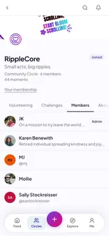 The Members tab of a Circle: each member with their initials, a short bio and a role such as Admin or Moderator.
