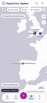 The Explore screen: a map with a dot on each town where your Circles’ moments happened, each showing how many, with filters by category above it.