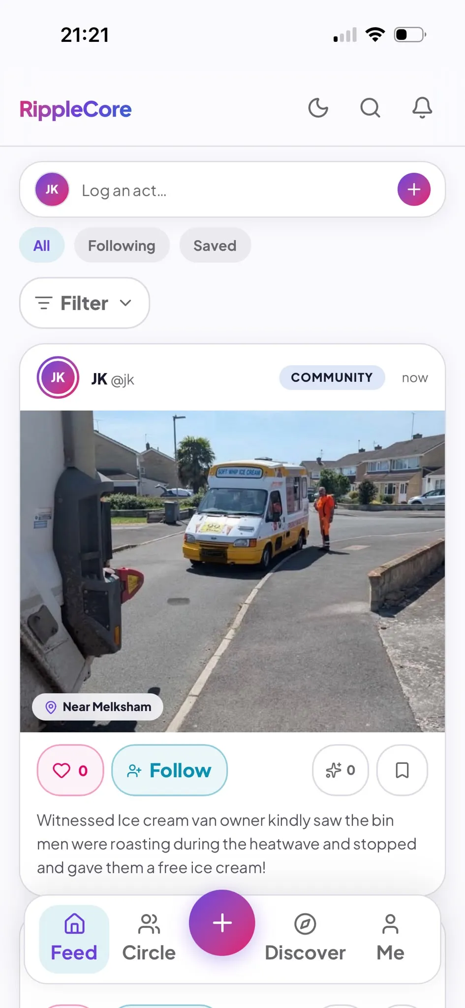 The RippleCore feed showing a logged Story Act with a photo