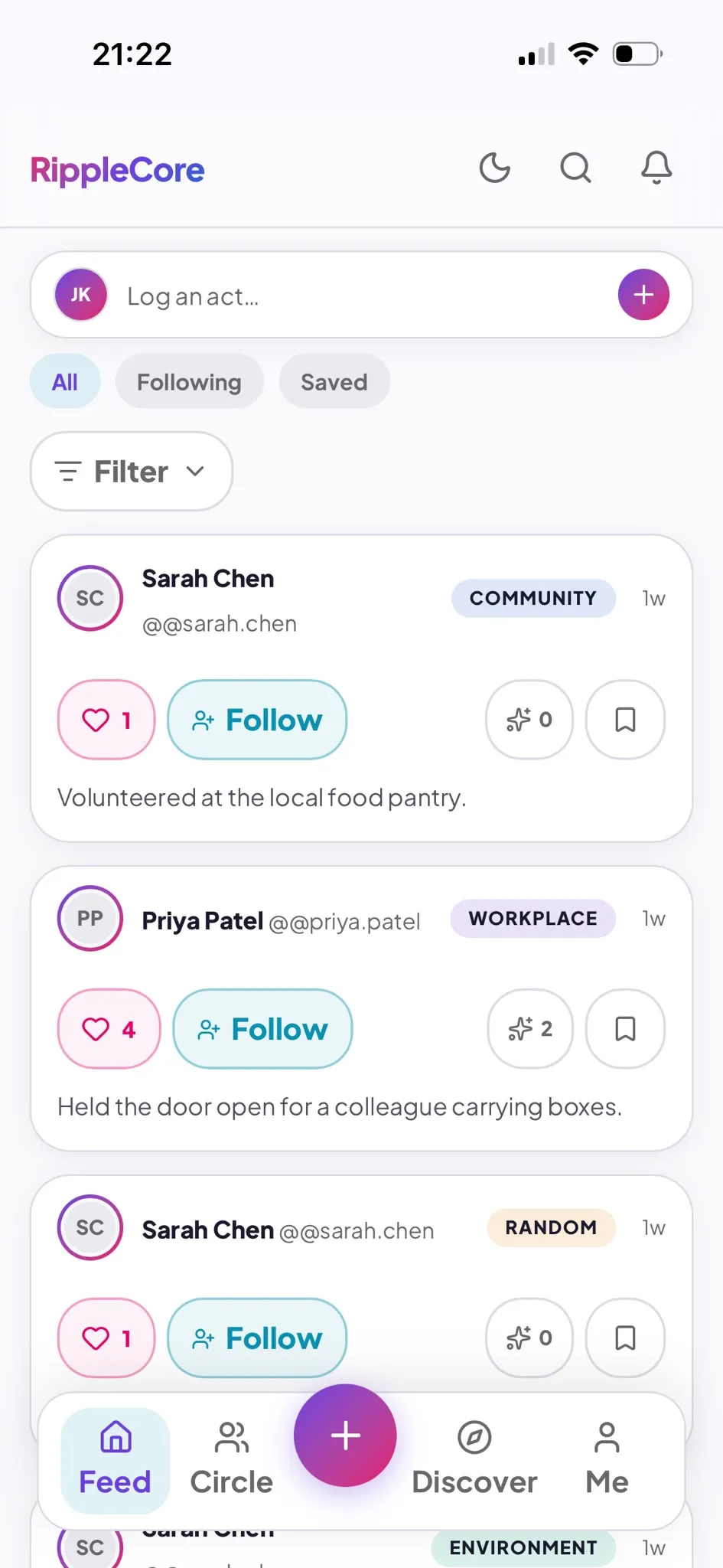 The RippleCore feed listing acts of kindness from the community